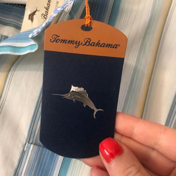 Tommy Bahama Large Button Down‎ Striped Men's Shirt Blue and White - Picture 7 of 8